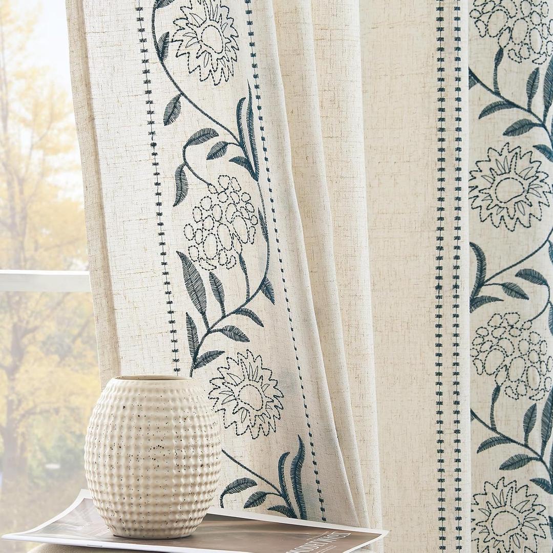 jinchan Winslow Linen Curtains for Bedroom 90 Inches Length Embroidered Bordered Floral Curtains for Living Room Farmhouse Decor Light Filtering Window Treatments Blue on Beige Drapes 2 Panels