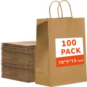 vanhel 10x5x13in Kraft paper Bags 100Pcs Brown Paper Bags with Handles Bulk, Recycled Paper Gift Sacks,for Gifts,Retail,Merchandise,Grocery,Birthday Wedding Party Favor, Take-out