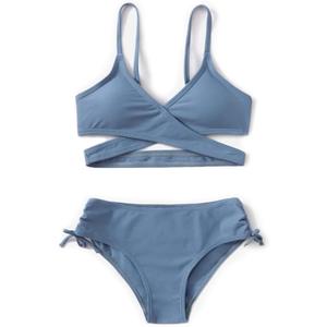 MIENOE Teen Girls' Swimsuits Two-Piece V-Neck Bikini Adjustable Shoulder Straps Swimsuit Kids Bikini with Chest Pad (14-16 Years, Grey Blue - Cross Style)