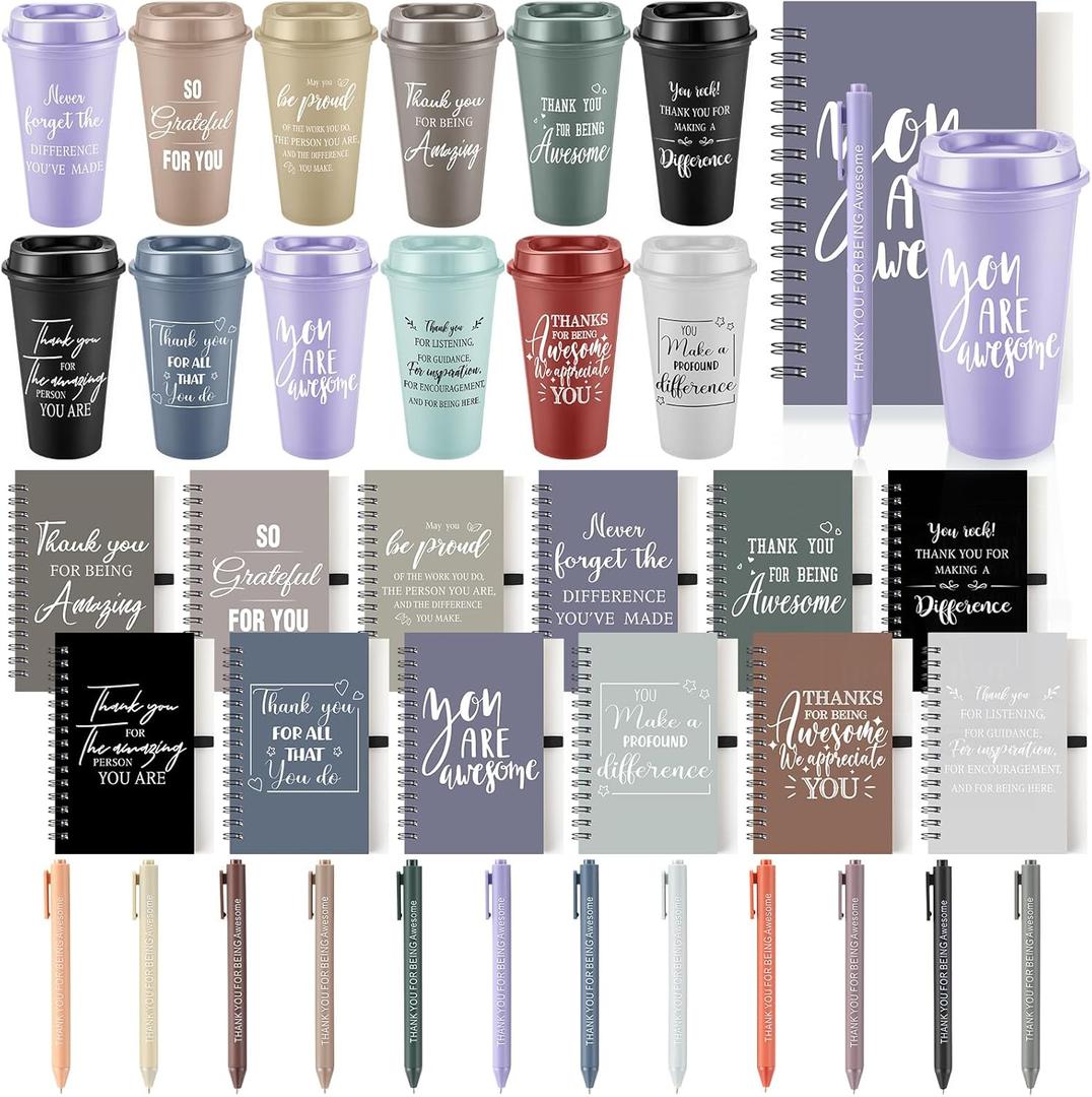 LemonRoad 36 Pcs Employee Appreciation Gifts Set, Staff Coworker Gift Bulk 16 Oz Plastic Tumbler Cups with Lid Straw Spiral Notebook Pen Thank You Gift for Team Office (Modern, Morandi)