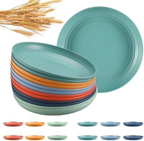 HEYCOME 12 Pcs Unbreakable Deep Dinner Plates Set, 10 inch Reusable Plastic Wheat Straw Plates, Microwave and Dishwasher Safe Plate for Kitchen, Lightweight Plate for Dessert, BPA Free, 6 Colors