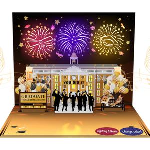 Graduation Card, 3D Pop-up MUSIC & LIGHTS 2026 Graduation Cards with Fireworks,graduation celebration school architectural,university master's,college,Middle School,classmate,teacher for gifts