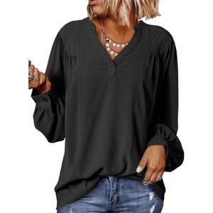 Dokotoo Womens Blouses Tops for Women Trendy V Neck Smocked Blouses for Women Dressy Casual Long Sleeve Shirts for Women (Small, Black)