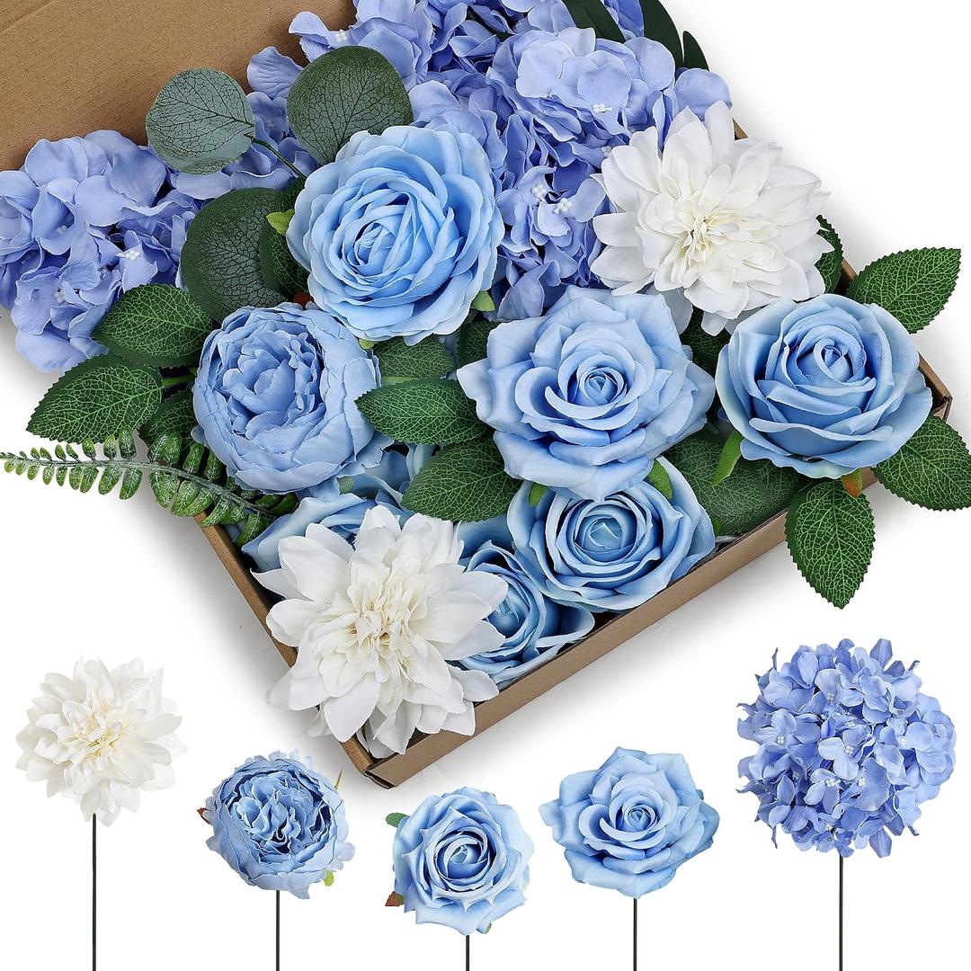 80Pcs Artificial Flowers Combo Set, Fake Silk Flowers Decor with Stems for DIY Roses Wedding Party Centerpieces Bridal Bouquets Cake Decorations Arrangements Indoor Outdoor(Blue)
