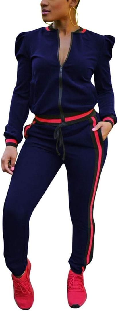 Akmipoem Women's 2 Pieces Outfits Long Sleeve Zipper Jacket and Pants Set Tracksuits (Medium, Royal Blue)
