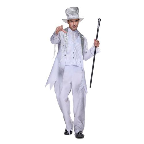 EraSpooky Men Ghost Gentleman Costume White Victorian Haunted Suit Size Large