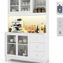 73” Kitchen Pantry Storage Cabinet, Buffet Hutch w/Power Outlets & Led Lights, Tall Cupboard w/Wine Glass Racks, Adjustable Shelves, Drawers, Microwave Stand for Dining Room (White)