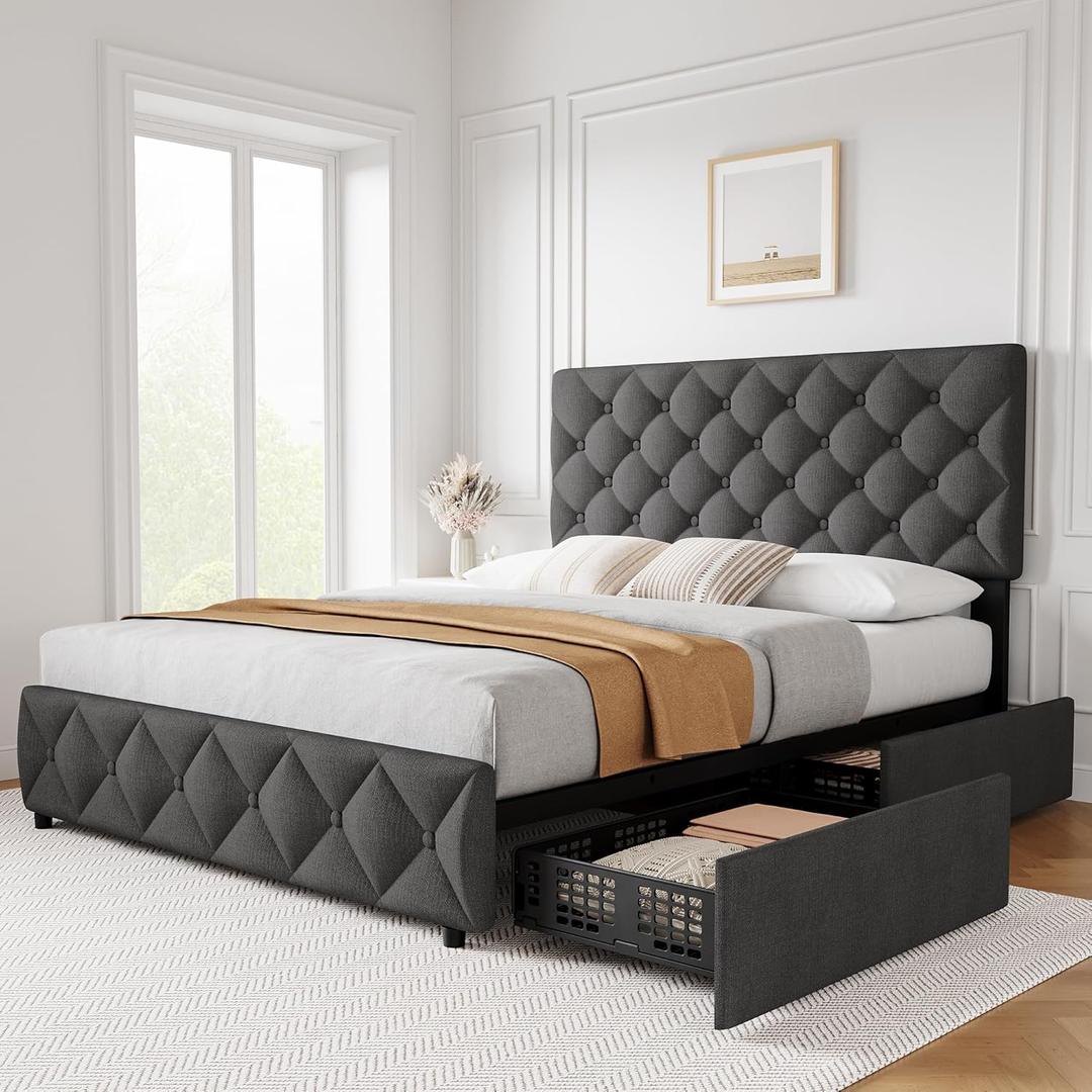 GAOMON Queen Size Bed Frame with 4 Storage Drawers and Headboard, Linen Upholstered Platform Bed Frame, Diamond Stitched Button Tufted, No Box Spring Needed, Dark Grey