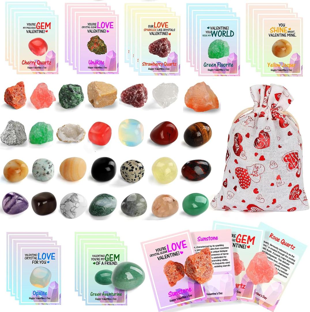 Gifts for Kids - 28 Pack Exchange Cards & Natural Gemstone Crystals Rocks Minerals Bulk,Cards for Boys Girls Classroom Party Favors (Green)
