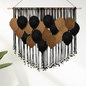 KaloKalo Large Macrame Wall Hanging Boho Tapestry Leaf Feather Wall Decor Art Chic Bohemian Handmade Woven Home Decor Wood Holder Bedroom Living Room Apartment Wedding Party - Black Gold, 43"W x 35"L