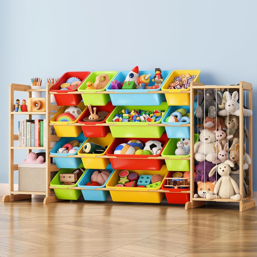 Toy Storage Organizer with Bookshelf and Stuffed Animal Storage - Playroom Organization with Shelves and 12 Bins - Living Room Box for Lego - Nursery Bedroom Decor Essentials (multicolored)
