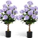Lunmon 2 Pack 3ft Artificial Hydrangea Tree Faux Hydrangea Plant Indoor Outdoor Fake Flower Tree with Cement Base Pot Real to Touch Plant Decoration for Home Garden Housewarming Wedding(Purple,3ft)
