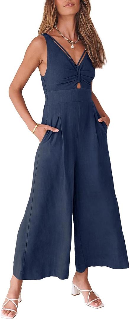 ANRABESS Women's Jumpsuits Summer Wide Leg Sleeveless V Neck Casual Dressy Linen Pants Rompers 2025 Vacation Beach Outfits (Small, Blue)