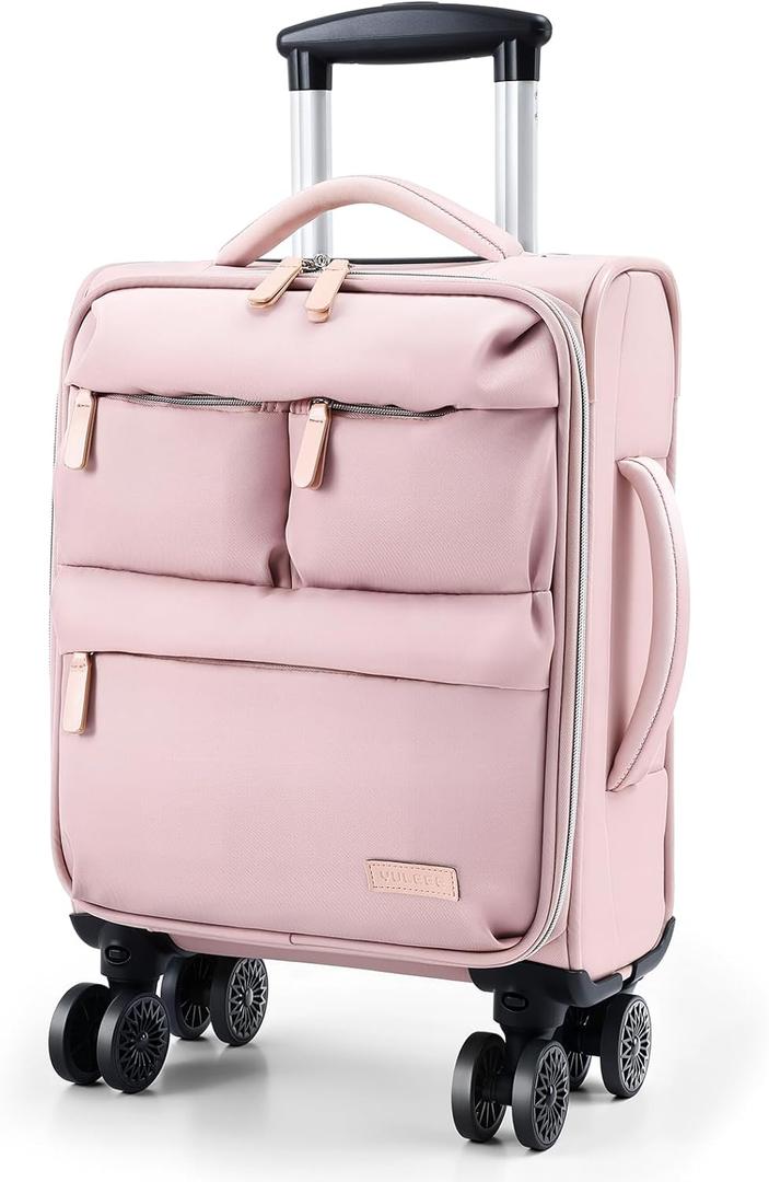 16 Inch Underseat Carry On luggage Airline Approved, Softside Suitcase with Spinner Wheels, Lightweight Travel Rolling Bag with Detachable Laptop Padded for Women, Pink