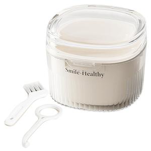 Denture Case Kit, Retainer Cleaner Case with Cleaning Brush, Retainer Cleaning Denture Bath Cup with Mirror Use in Denture Bridges, Partial Dentures, Traditional Braces for Travel (White)