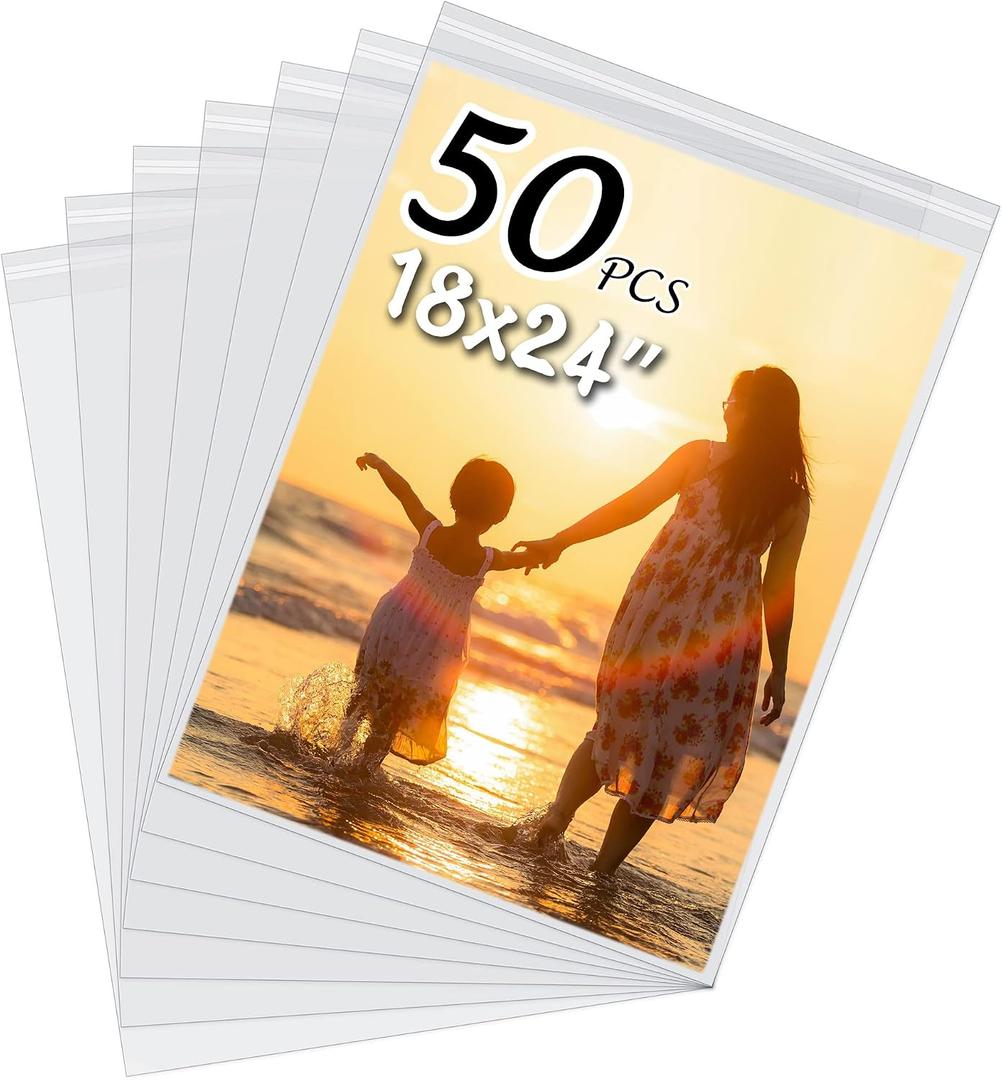 50 Pack Acid-Free Crystal Clear Sleeves Storage Bags for 18x24 Art Prints/Pictures/Photos/Framing Mat Mattes (Bag Size: 18 1/2" x24 2/5")