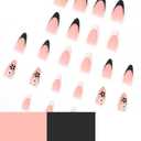 2 x 24 Pcs Press on Nails Short Almond - ZIFANHU Black White French Fake Nails Press ons Nail Art Tip Full Cover Acrylic Pink False Nails with Cute Flower Glod Lines Design Glue on Nails for Women