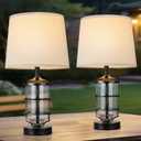 Outdoor Table Lamps Set of 2, Farmhouse Lamps for Patio Table Decor with Cord, Rustic Table Lights with Seeded Glass, 23.5" Plug-in Outdoor Lamps for Patio Waterproof (Antique Copper)
