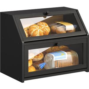 BMOSU Farmhouse Bread Box for Kitchen Countertop Bread box Double Layer Bamboo Wooden Extra Large Capacity Bin Kitchen Food Storage Container(Black)
