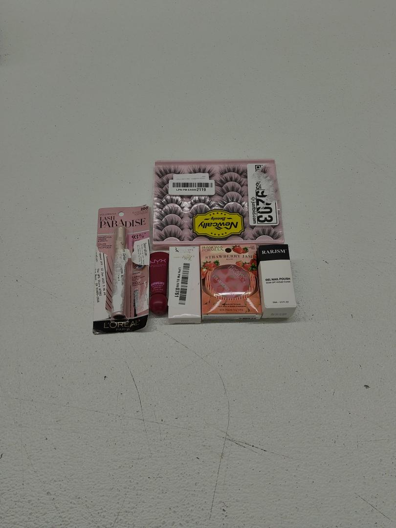 Newcally Lashes False Eyelashes; Physicians Formula Murumuru Strawberry Jam Blush Strawberry; NYX PROFESSIONAL MAKEUP Smushy Matte Lip Balm; Maybelline Lash Sensational Sky High Washable Mascara Makeup; Lilly Lashes Clear Eyelash Glue; RARJSM Gel Bui