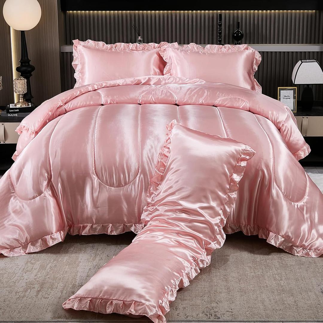 Satin King Comforter Set Silk Like Satin Bedding Set Hotel Soft Polyester Pink Bed Set Luxury Silky Pillow Cover with Quilt Set Ruffle Down Comforter Home Decor King