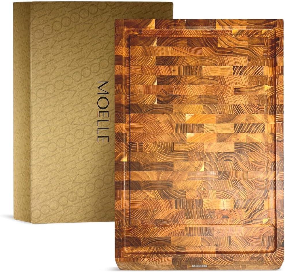 MOELLE Premium Danish Teak Wood Cutting Board Durable End Grain Wooden Cutting Board for Kitchen, Knife-Friendly, Sustainable Gift-Ready Packaging (Large)