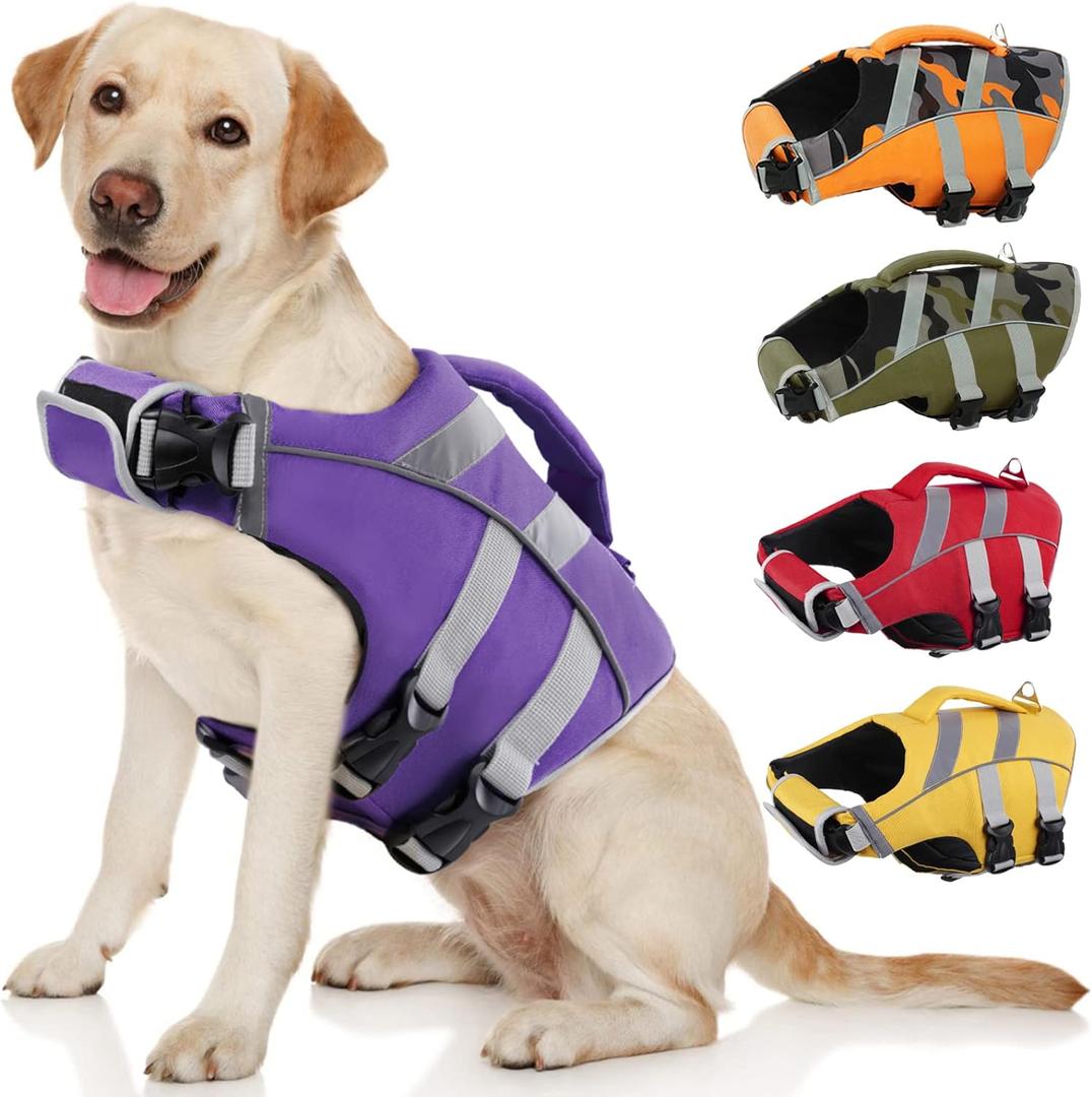 Kuoser Dog Life Jacket with Reflective Stripes, Adjustable High Visibility Doggie Water Vest Ripstop Puppy Lifesaver Pet Life Preserver for Small Medium and Large Dogs Puple XL (X-Large (Chest Girth:25.9-33.4''), 3#Purple)