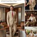 Men Suit 2 Piece Groomsmen Tuxedo Prom Blazer Slim Fit Suits Two Button Wedding Dress Jacket Pants Set with Tie (Beige, L)