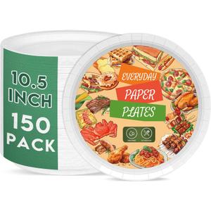10 Inch Heavy Duty Disposable Plates - 150 Count Eco-Friendly Virgin Pulp for Party, Dinner & Daily Use - Cut & Soak Proof Coated, White