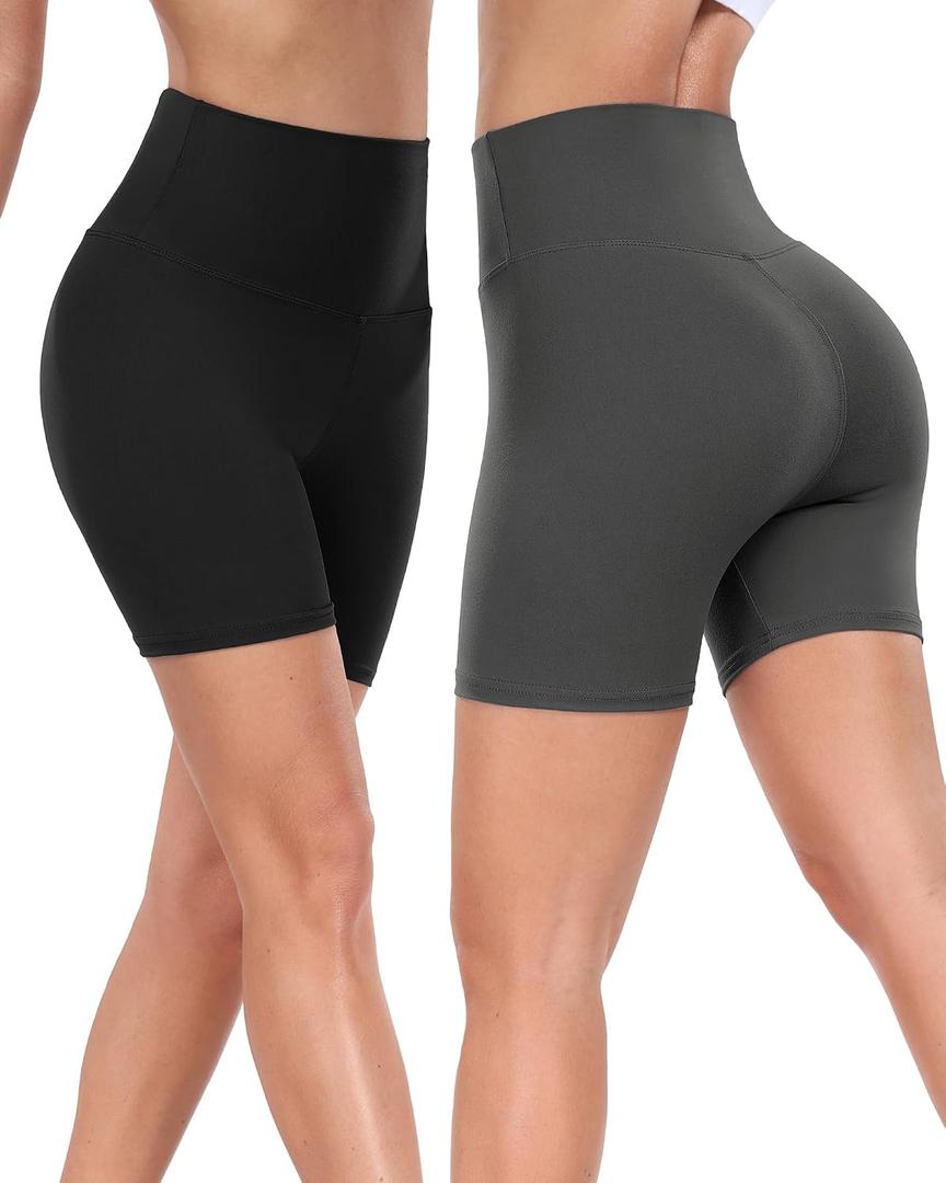 Hi Clasmix 2 Pack High Waisted Biker Shorts for Women-5" Tummy Control Fitness Athletic Workout Running Yoga Gym Shorts Black/Grey Large-X-Large