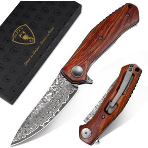 AUBEY Damascus Folding Pocket Knife Handmade with Clip for Men, Damascus Hunting Knife EDC Knife with Liner Lock for Outdoor Survival Camping Collection, Wooden Handle