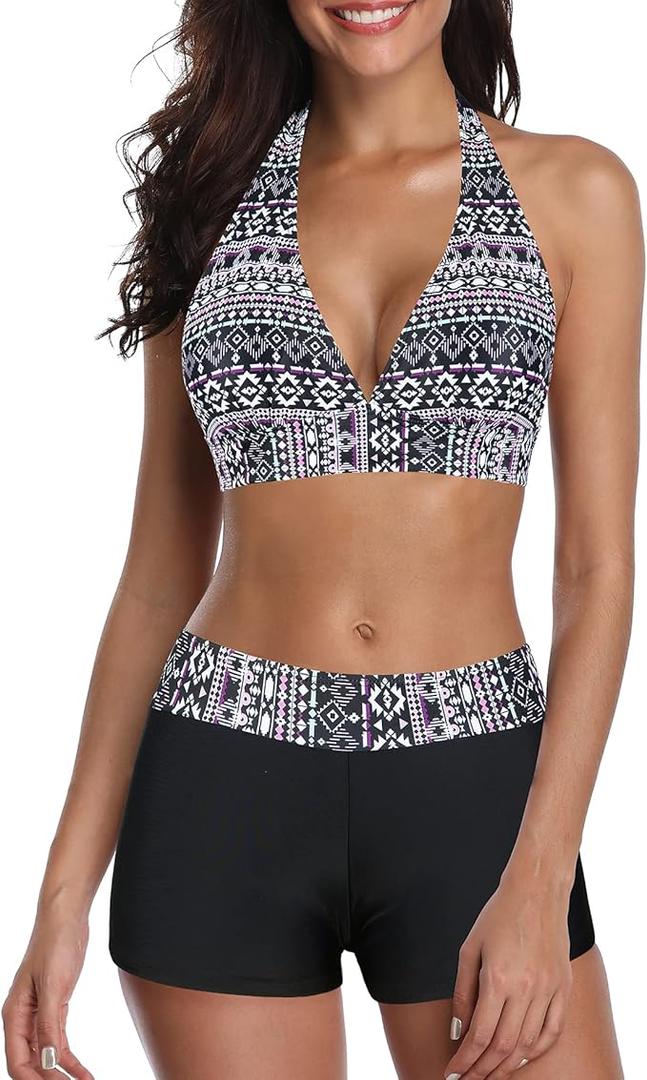 Zando Women's Two Piece Halter Swimsuit Athletic Push Up Bikini Set Swimwear with Boyshorts Sporty V Neck Bathing Suit L