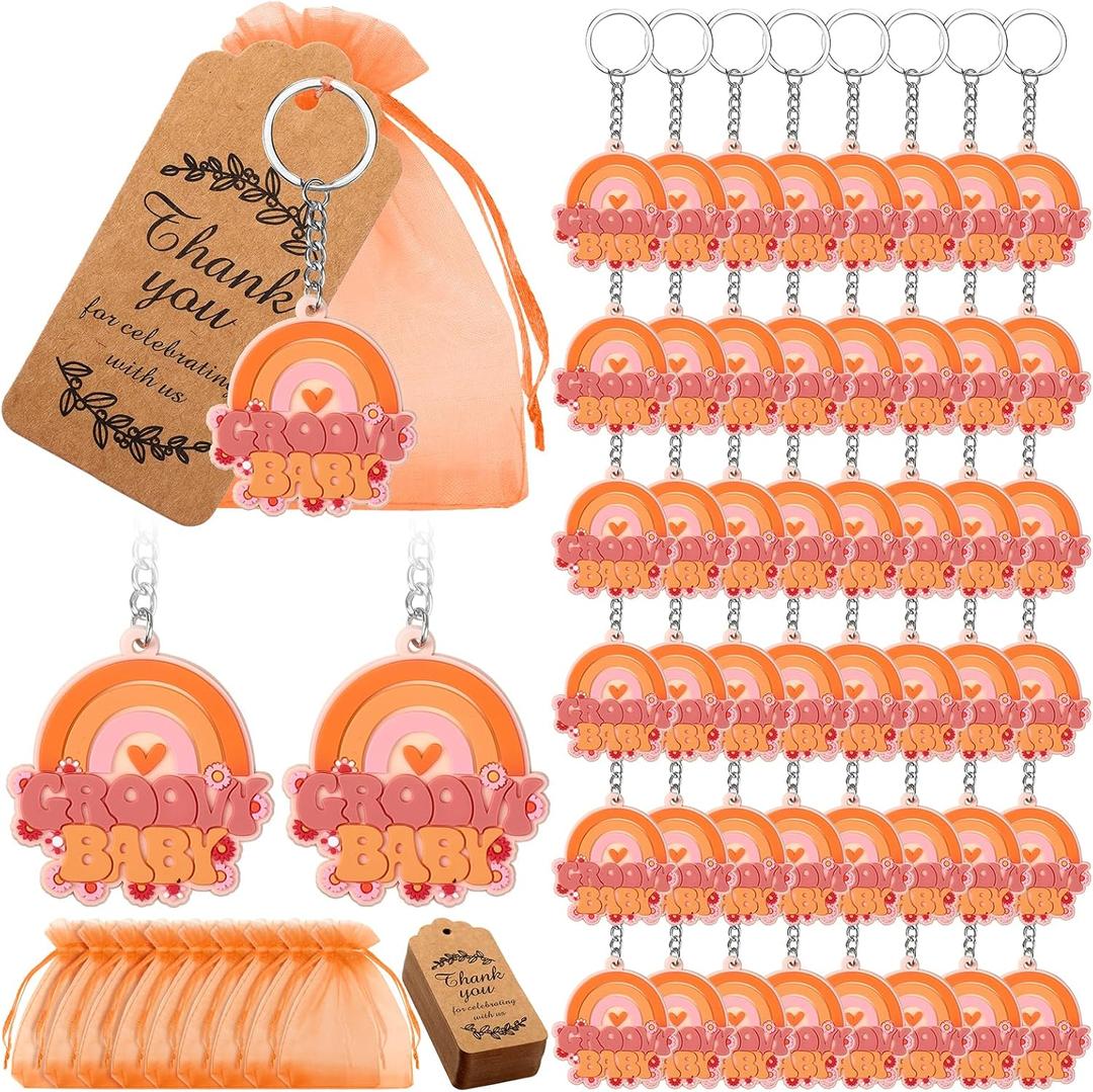 Roowest 150 Pcs Groovy Party Favors Keychains Retro Hippie Baby Shower Favors Include 50 Boho Groovy Keychains 50 Thank You Tags 50 Organza Bags for Daisy Rainbow Birthday Guest Return Gifts, 50 Sets