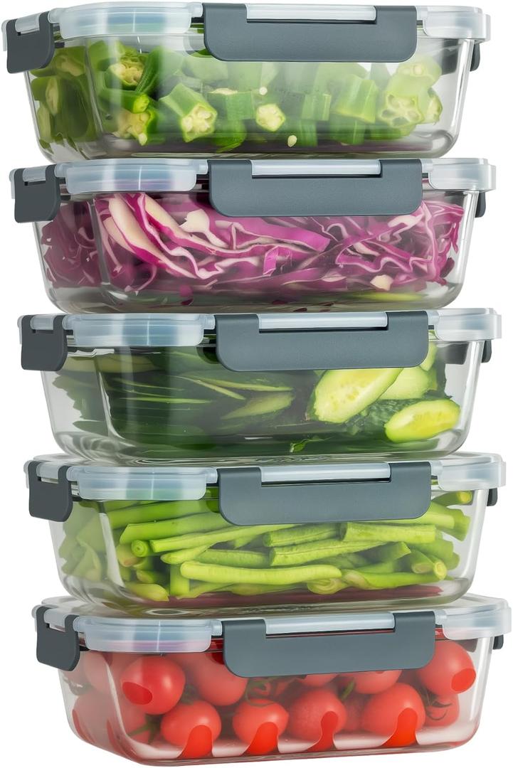5 PACK 36 oz Glass Meal Prep Containers, Glass Food Containers with Snap-Lock Lids, Airtight Lunch Containers, Microwave, Oven, Refrigerator and Dishwasher SafeGray