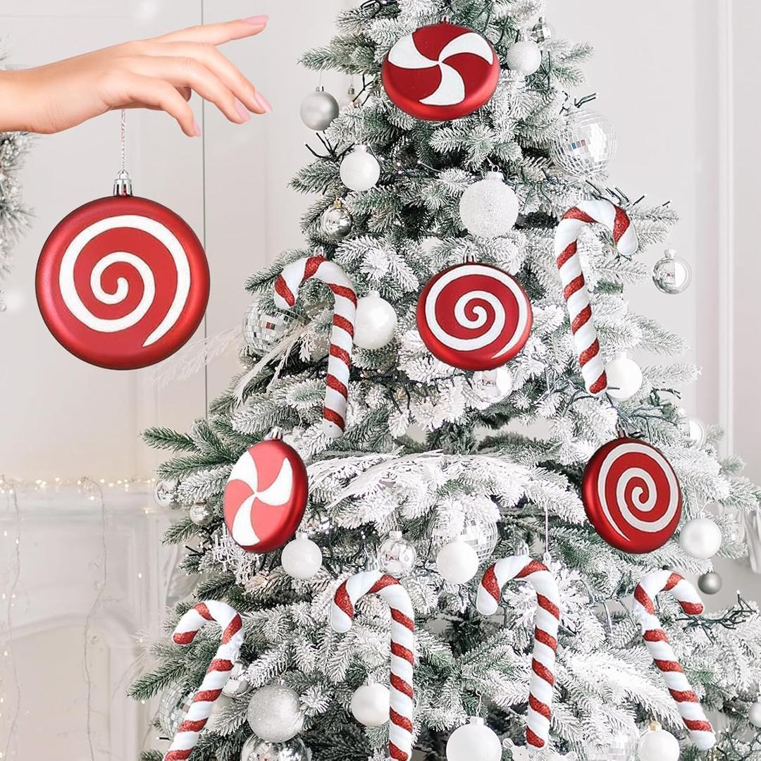 10ct Red and White Christmas Tree Ornaments, Shatterproof Plastic Candy Cane & Lollipop Decorations for Candyland Theme Party, Home Tree Decor