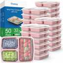 50 Pack (100-Piece) 32 oz Meal Prep Containers Reusable with Lids 3-Compartment, To Go Take Out Plastic Food Storage Containers, Sturdy Leakproof Food Safe, Microwave Freezer Dishwasher Safe, Pink