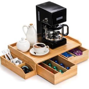 SOUJOY Bamboo Drawer Organizer for Coffee Pod, K Cup Organizer for Counter, Tea Bag Storage Organizer with Drawer and Side Storage Box for Kitchen Office Coffee Bar