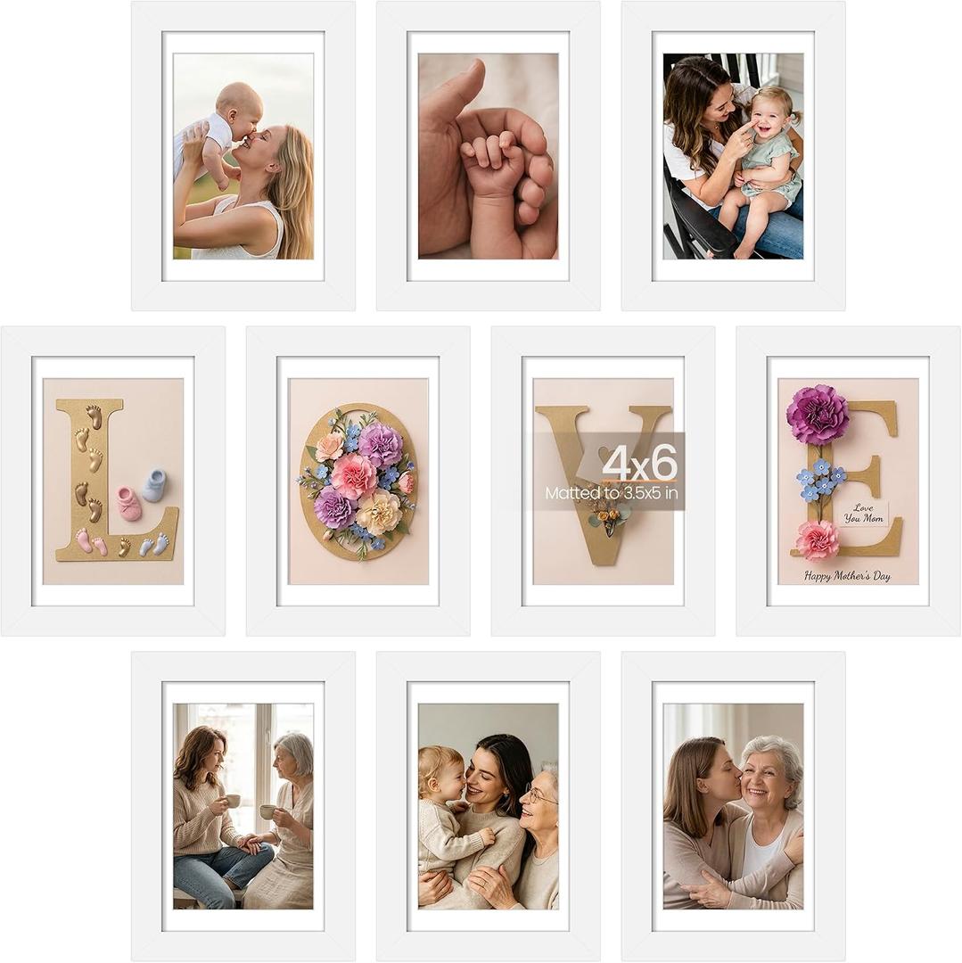 upsimples 4x6 Picture Frame Set of 10, Display Pictures 3.5x5 with Mat or 4x6 Without, Multi Photo Frames Collage for Wall or Tabletop Display, White