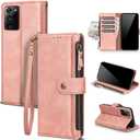 Compatible with Samsung Galaxy Note 20 Ultra 5G Wallet Case with Card Holder RFID Blocking Zipper PU Leather Case Flip Protective Cover Wrist Strap Credit Card Slots Men Women,Rose Gold