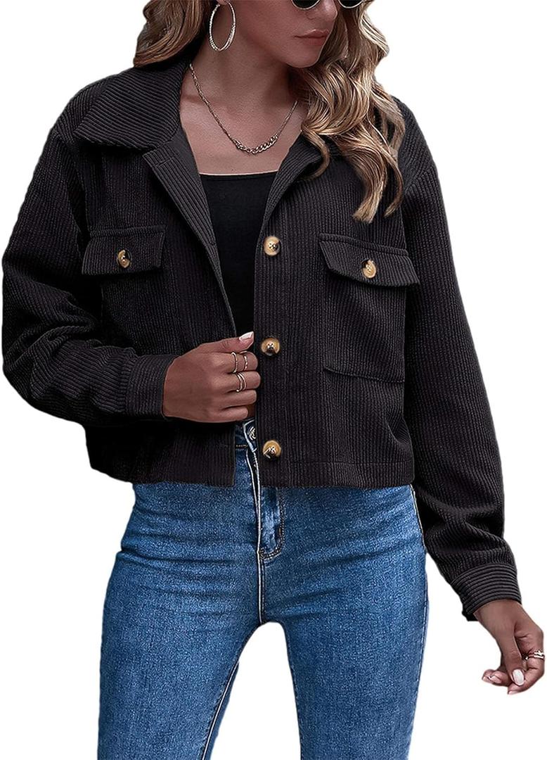 Flygo Womens Fashion Cropped Jacket Corduroy Button Down Shirt Shacket Jackets Lightweight Spring Jackets 2025 Trendy (Small, Black)