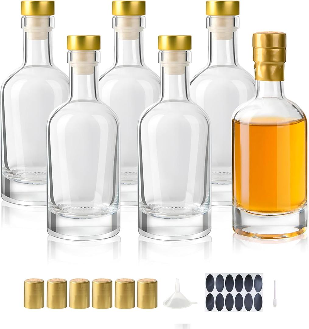 6 Pack 6oz (200ml) Clear Glass Liquor Bottles for Wine, Kombucha,Beverages, Oil, Vinegar, Empty Vodka Bottles, Glass Bottle with T-Top Caps, Heat Shrink Capsules