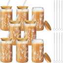 Mumufy 8 Pack Bridesmaid Glass Tumbler Gifts Boho Floral 16oz Iced Coffee Cups with Bamboo Lids and Straws Elegant Bridal Party Proposal and Wedding Shower Gifts