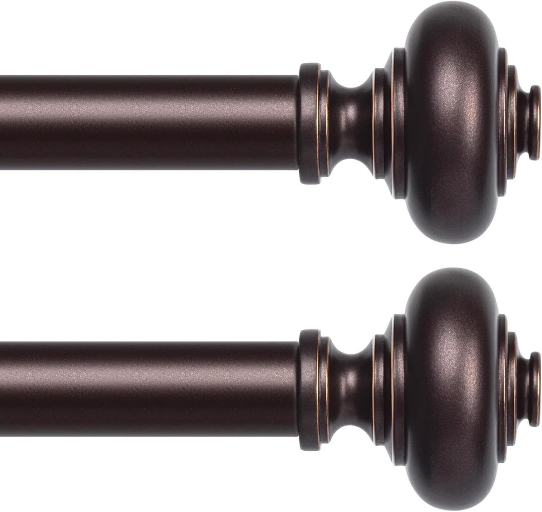 2 Pack Bronze Curtain Rods for Windows 30 to 56 Inch, Decorative Heavy Duty Single-Side Adjustable 1'' Antique Brown Curtain Rod, Vintage Rustic Metal Drapery Pole Set for Farmhouse Bedroom