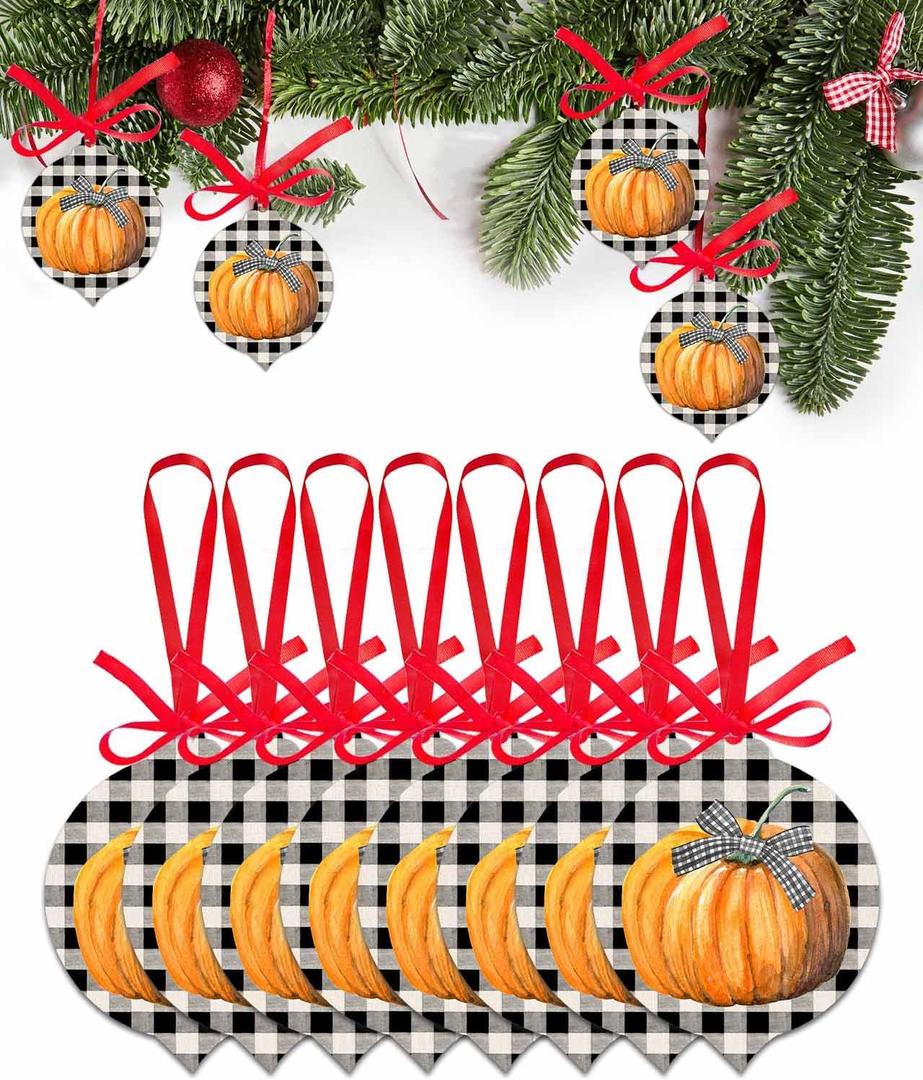 Christmas Hanging Ornaments, Thanksgiving Pumpkin Bow Black White Buffalo Check Plaid Autumn Fall Acrylic Christmas Hanging Decorations for Tree, Gift Box, Home Decor, Parties, 8 Pcs-3.7x3 Inch
