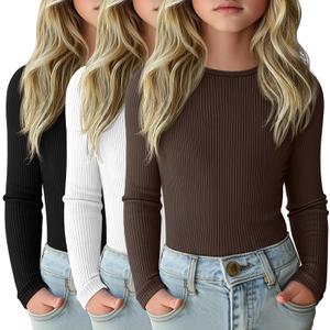 3 Pack Girls Long Sleeve Shirts Ribbed Knit Cotton Layering Tops Slim Fit Crewneck Casual Undershirts (11-12 Years, Black, White, Brown)