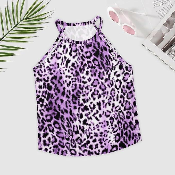 WDIRARA Women's Leopard Print Halter Top Shirt Casual Button Sleeveless Blouse M