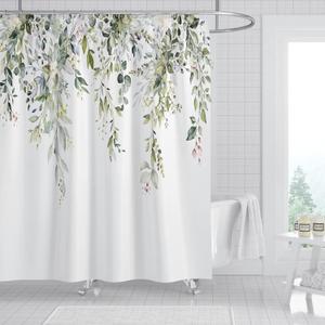 Green Fabric Shower Curtain for Bathroom with 12 Hooks, Floral Leaves Waterproof Textured Bath Shower Curtain Set for Hotel Home - 72 x 72 Inch