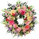 Svndlyn 24 Inch Spring Summer Wreath for Front Door Outside Artificial Peonies Rose Flowers Morning Glory Mixed Flowers for Outdoor Front Door Indoor Wedding Wall Window Dcor All Season