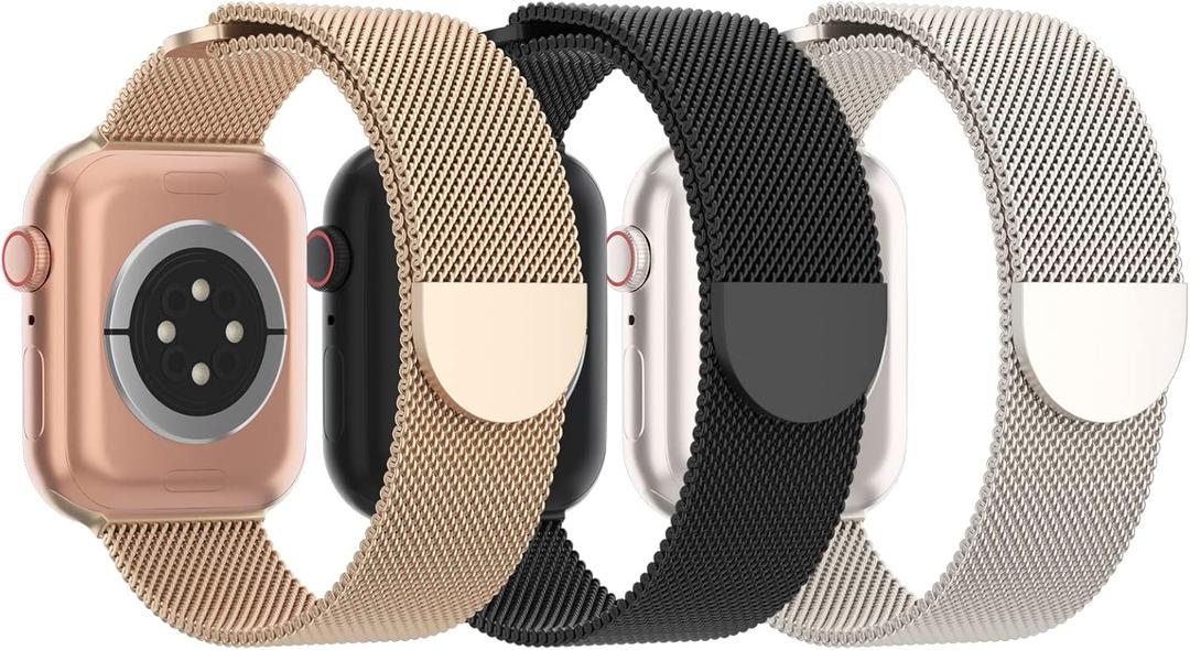 3 Pack Mesh Metal Band Compatible with Apple Watch Band 38mm 40mm 41mm 42mm 44mm 45mm 46mm 49mm, Stainless Steel Magnetic Loop Strap for iWatch Ultra 3 2 1 Series 11/10/9/8/SE/7/6/5/4/3 Men Women (D-Champagne Gold/Black/Starlight)