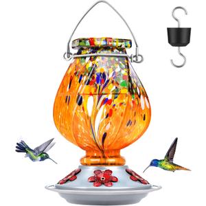 BOLITE Hummingbird Feeder, Hand Blown Glass Hummingbird Feeders for Outdoors Hanging with Ant Moat, 5 Bee-Proof Ports, Leak-Proof, 360 Perch, 22oz, Orange, Gifts for Women Men, Gifts for Mom Dad
